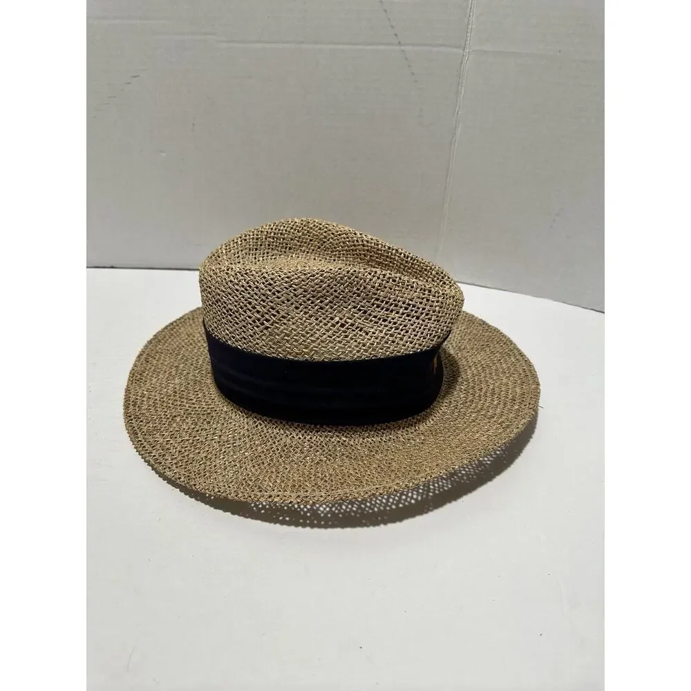Straw Safari‎ Wicker Hat Panama Unisex With Band Navy Written
